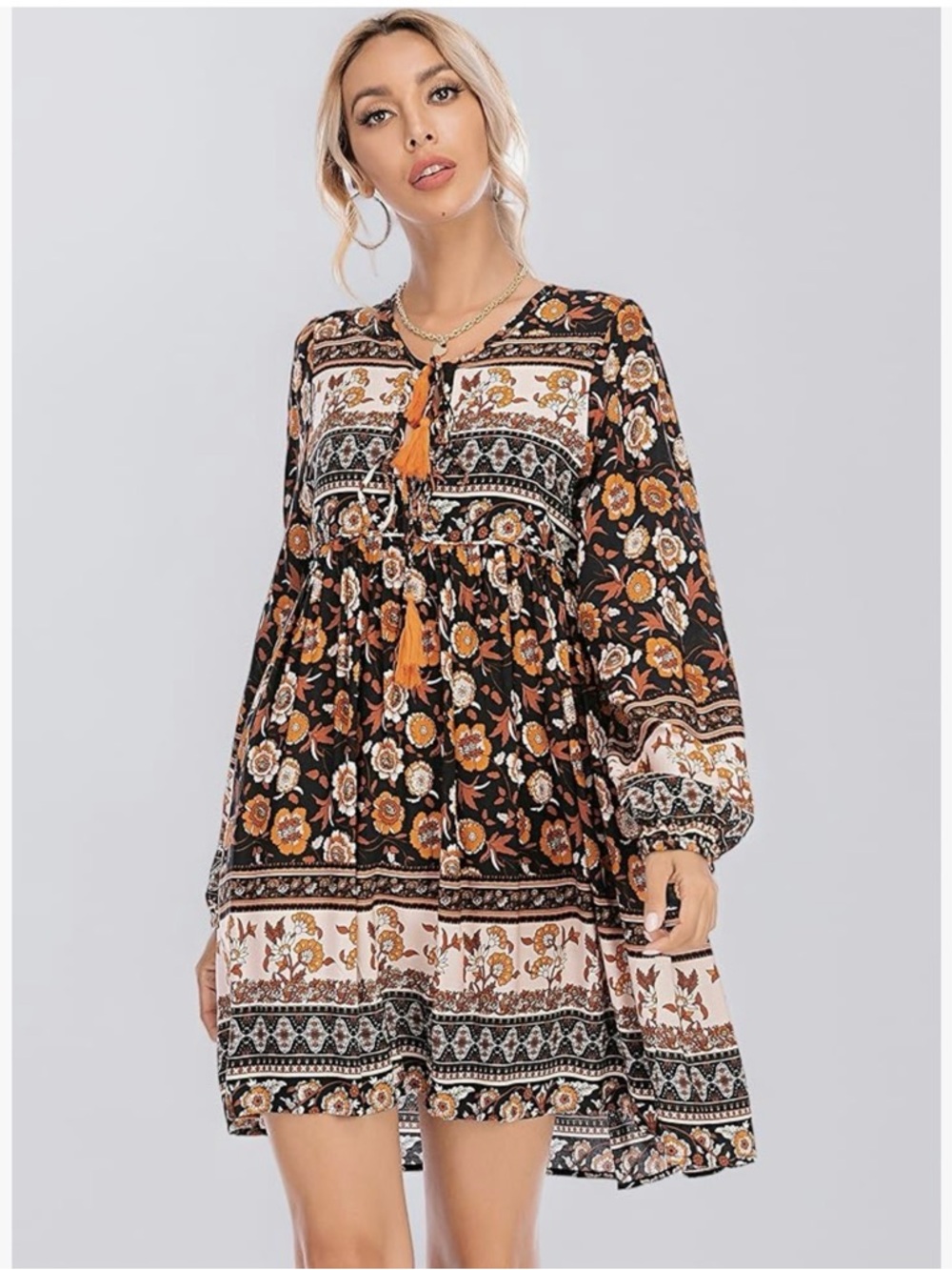 Boho Tassel Floral Mini Dress in Black and Rust
